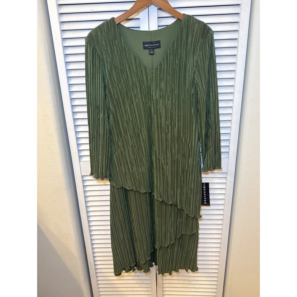 Connected Apparel Women Olive Green Plisse Pleated Asymmetrical Tiered Dress